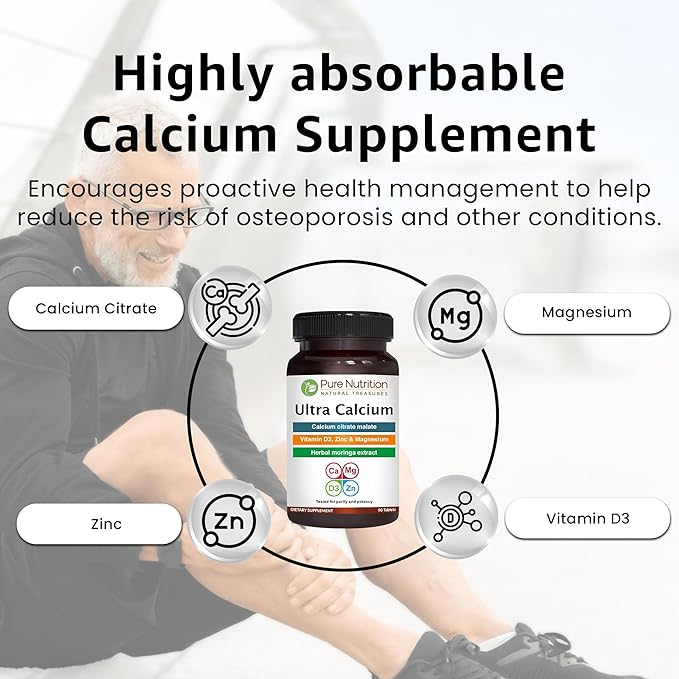 Pure Nutrition Ultra Calcium 1000mg with VIT D3 + K2 | 180 Tabs (90 X Pack of 2) | Calcium Supplement with Calcium Citrate Malate, VIT D3, K2, Moringa Oleifera, Magnesium and Zinc.
