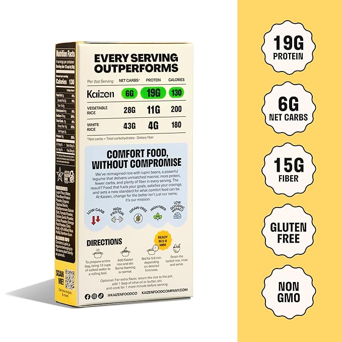 Kaizen Spanish Protein Rice, 20g Protein, Low Carb (6g Net Carbs), Keto-Friendly, Gluten-Free, Made with Plant-Based Lupini Beans, High Fiber, 8 Ounce, Pack of 3
