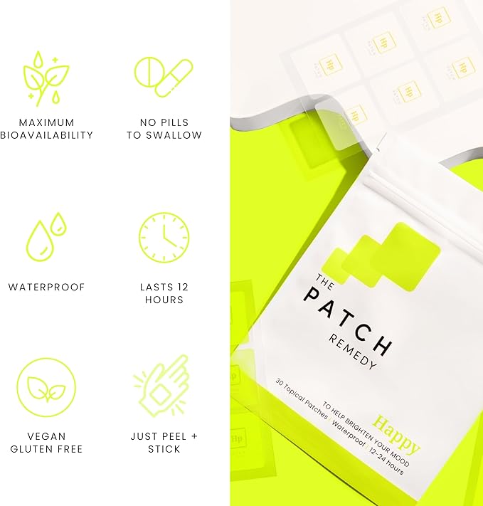 The Patch Remedy Happy Patch | 5-HTP, L-Theanine, Rhodiola, Inositol, B6, Vitamin D3 | 30 Patches
