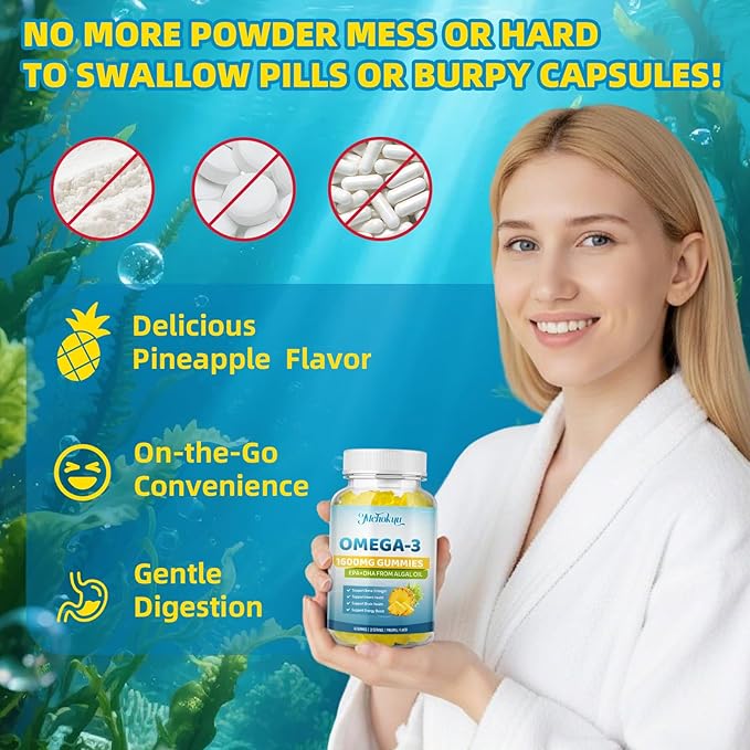 Vegan Omega-3 Gummies 1600mg EPA & DHA from Algal Oil, Fish Oil Alternative for Adults & Kids, Omega 3 Supplement with Vitamin D3 K2 for Brain, Eye & Immune Health Sugar Free Pineapple, 120 Count