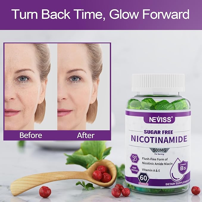 Nicotinamide 500mg Gummies, (Flush Free Niacin) Vitamin B3 Niacinamide Supplement for Cell Regeneration, NAD+ Levels, Anti-Aging, Cellular Energy, Focus & DNA Repair, Longevity, Sugar Free, 60Cts