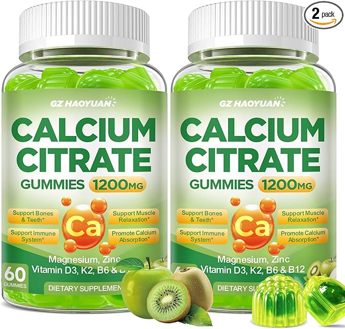 Calcium Citrate Gummies - 1200mg Calcium Gummies Supplements for Women & Men with Vitamin D3, K2, Magnesium, Zinc High Absorption for Bone, Muscle & Immune Support, Apple & Kiwi Flavor, 120 Count