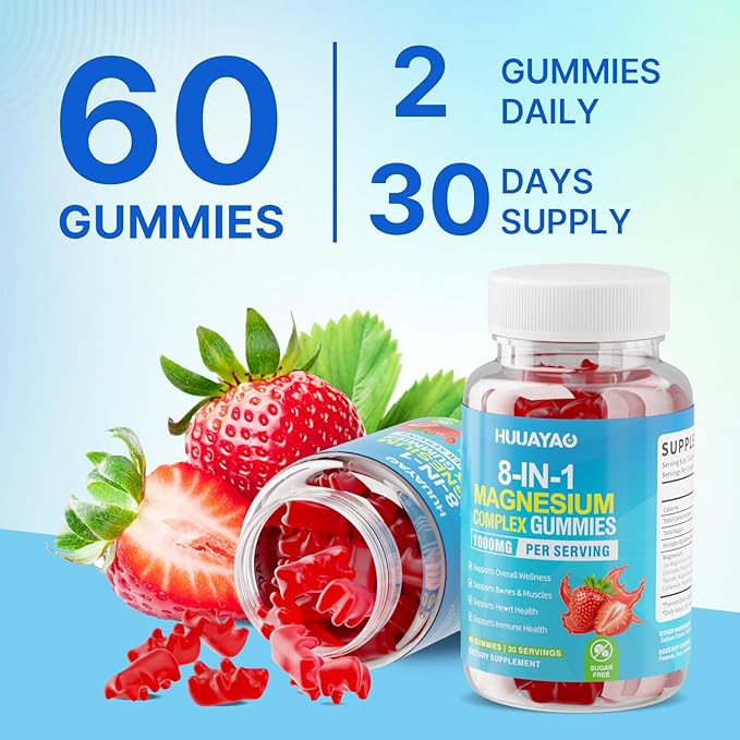 Magnesium Complex Gummies for Women Men 8 in 1, Magnesium Glycinate, Citrate, Malate, Taurate, Supports Bones, Muscle, Nerve Health, Sugar-Free, Vegan Non-GMO, Strawberry Flavor, 120 Count