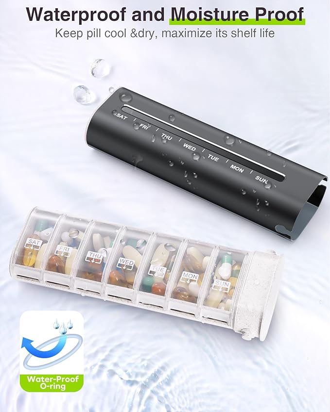 Zannaki Aluminum 7 Day Weekly Pill Organizer, Portable Travel Pill Case with Three Layer Seal, Large Capacity Cute Daily Pill Box, Pill Holder Container for Vitamins, Pills, Supplements and Medication