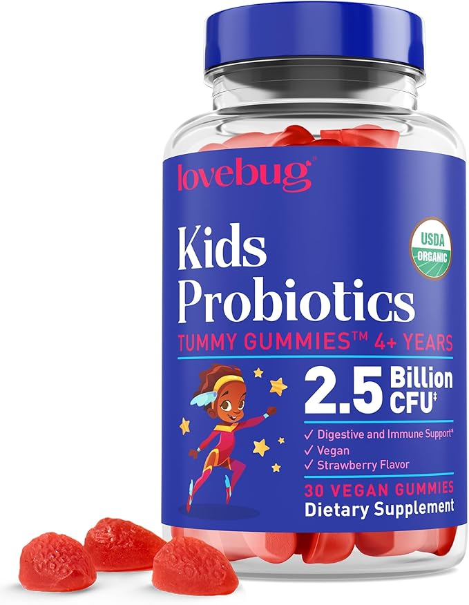 LOVEBUG Kids Probiotic Gummies – Organic Chewable Probiotics for Kids Aged 4+, Soil-Based Children’s Probiotic for Gut Health, Constipation, Digestive & Immune Support, Vegan, 30 Chews, Strawberry