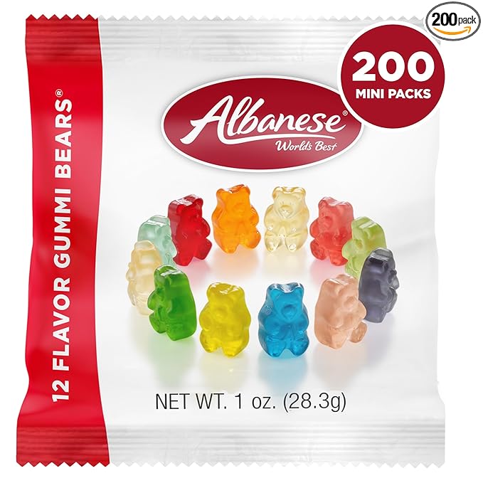 Albanese World's Best 12 Flavor Gummi Bears, Low Sodium, Fat Free, Gluten Free, 1 Ounce Bag of Candy (Pack of 200)
