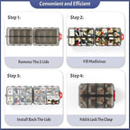 Foldable Weekly Pill Organizer 2 Times a Day with 2 Extra Compartments - Etched Label - Portable 7 Day AM PM Medicine Box, Week Daily Travel Pill Case Holder for Meds, Vitamin, Supplement, Clear Black