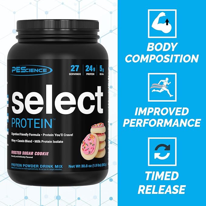 PEScience Select Protein Powder, Whey and Casein Blend, Lean Protein Powder for Women and Men, Low Calorie, Low Carb, Keto Friendly, Gluten Free, Frosted Sugar Cookie - 27 Servings