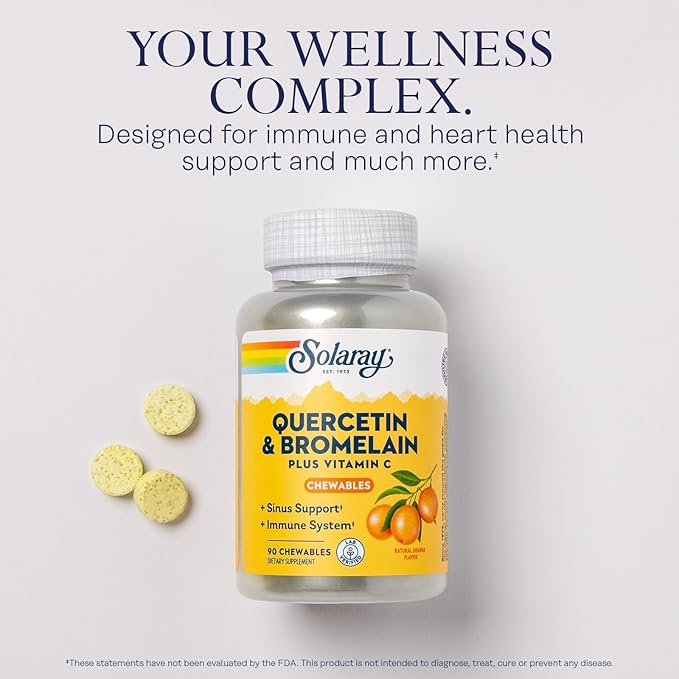 SOLARAY Quercetin with Bromelain and Vitamin C Chewables - Immune Support Supplement - Immune Defense and Heart Health Complex with 1250mg Vit C, Natural Orange Flavor, 60-Day Guarantee, 30 Serv, 90ct