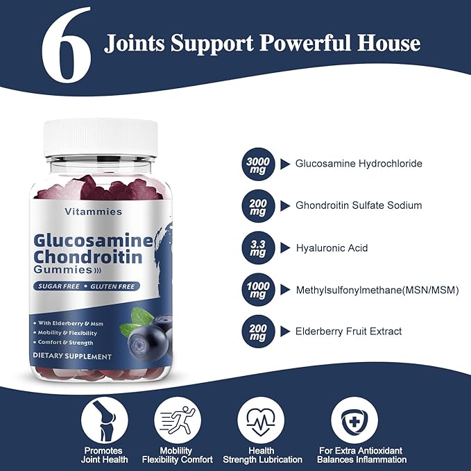 Glucosamine Chondroitin Gummies with MSM & Elderberry Extra Strength - Joint Support, Antioxidant Immune Support Supplement for Adults, Men & Women Minerals, coenzyme Q10, DHA- 60 Blueberry Gummies