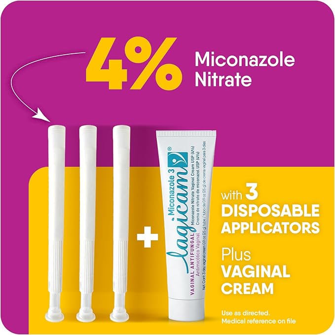 Lagicam 3 Day Vaginal Yeast Infection Treatment for Women, Start working on the 1st Day, Miconazole Nitrate, Antifungal Cream relieves Itching and Irritation, 3 Disposable Applicators & Cream (1 Pack)