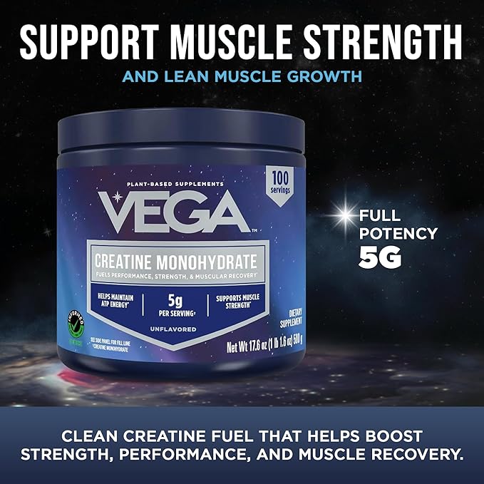 Vega Micronized Creatine Monohydrate Powder, Unflavored – 5g Pure Vegan Creatine for Men & Women, Strength, Performance & Muscle Growth, 100 Servings (17.6 oz)