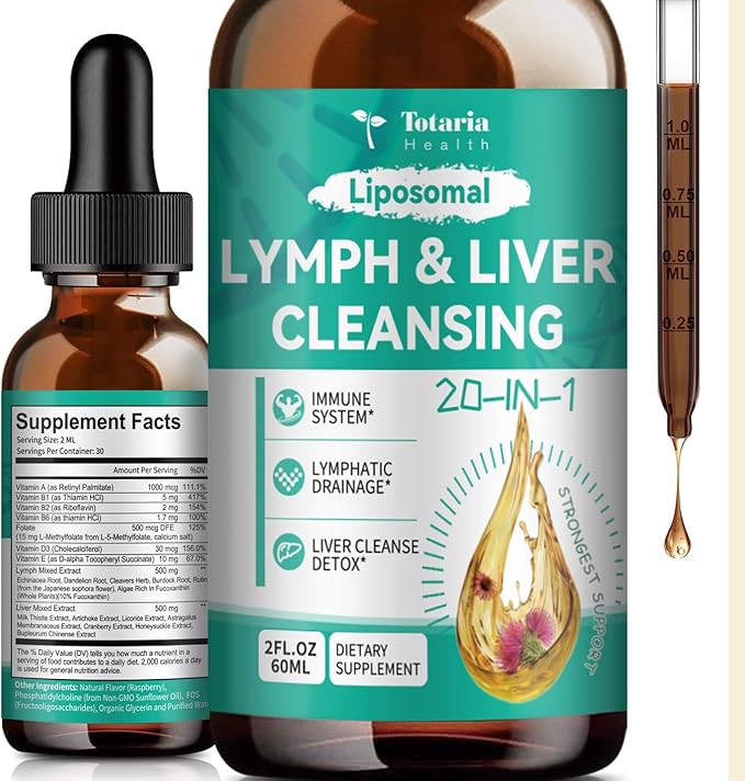Totaria Strongest ''Lymph-Liver'' Cleanse Detox, Liposomal Organic Milk Thistle, Echinacea, Artichoke Lymphatic Drainage & Liver Repair Supplement with All Vitamins, 2 Fl.Oz