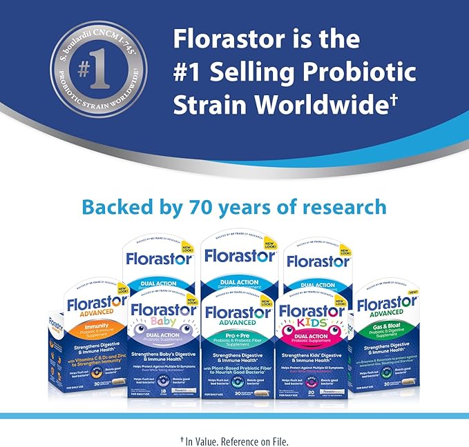 Florastor Probiotics for Digestive and Immune Health, 100 Capsules, Probiotics for Women & Men, Helps Flush Out Bad Bacteria, Boosts The Good with Our Unique Strain Saccharomyces Boulardii