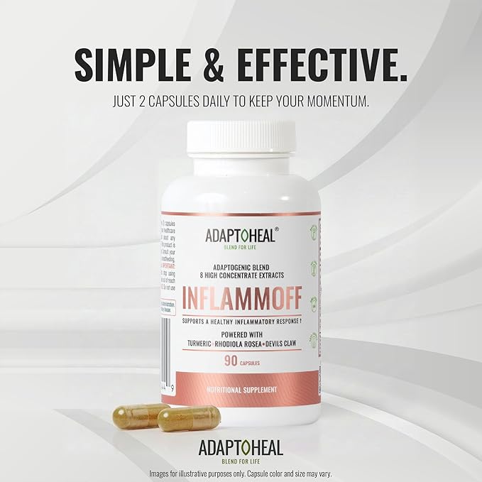 ADAPTOHEAL Inflammoff - Adaptogenic Supplement Designed to Support Joint, Muscle and Tissue Inflammation Naturally, 8 Highly Concentrated extracts with Turmeric and Rhodiola rosea (90 Capsules)
