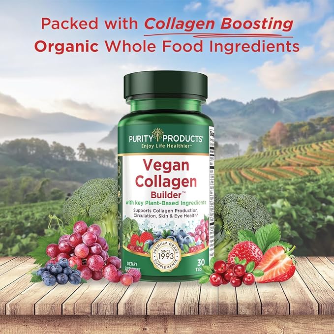 Vegan Collagen Builder - Organic Whole Foods Fruits + Veg, Silica, Lutein, Vitamin C, Biotin, Grape Seed - Amino Acids Glycine, Lysine + Proline Collagen Boosters (30 Servings, Tablets) (Pack of 2)