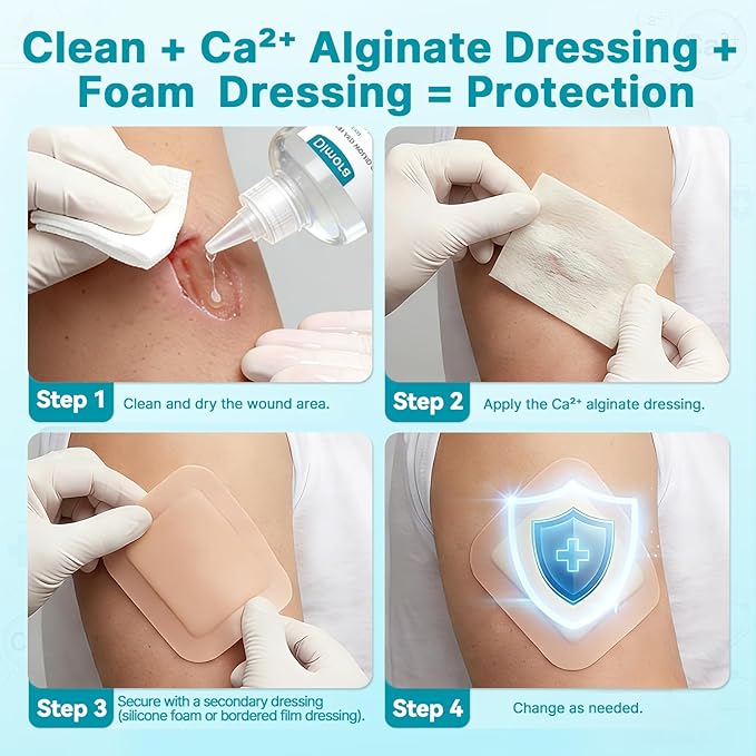 Dimora Calcium Alginate Wound Dressing, 4'' x 4'' Patches,10 Individual Sterile Pads, Soft and Highly Absorbent Dressing Gauze, Non-Stick Padding
