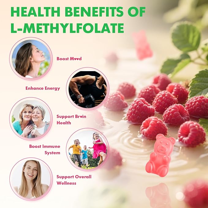 MEENCCD L-Methylfolate 15mg Gummies, Methylfolate Supplement, 5-MTHF Supplement - Active 5-MTHF - Supports Overall Wellness, Vegan, Raspberry Flavor, 60 Count