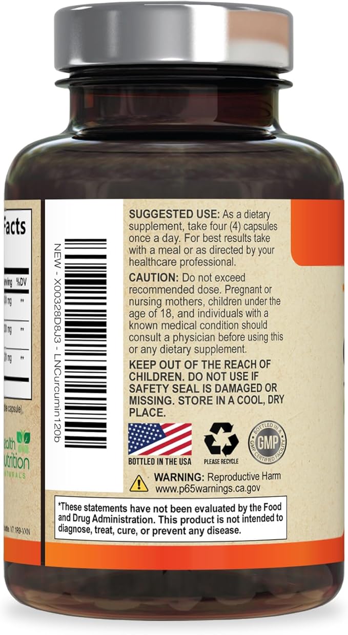 Turmeric Curcumin Supplement 2600mg - 95% Curcuminoids with Organic Turmeric & BioPerine Black Pepper for Best Absorption, Nature's Vegan Joint Support, Non-GMO Tumeric, Bottled in USA - 120 Capsules