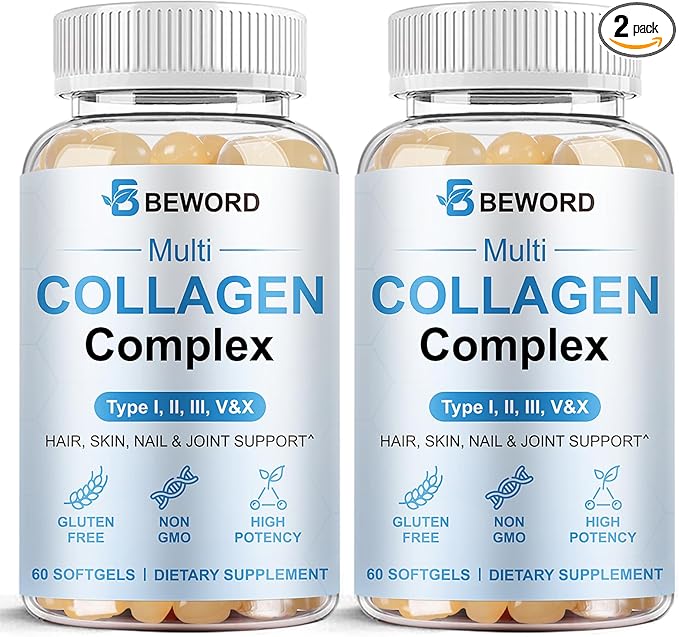 BEWORD Multi Collagen Softgels for Women & Men, 120 Capsules - Type I,II,III,V,X Hydrolyzed Collagen w/Vitamin C & Hyaluronic Acid - Supports Skin, Hair, Nails, Joints - Grass-Fed, Non-GMO, 2 Pack