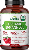 Zazzee USDA Organic D-Mannose, 1000 mg Per Serving, 120 Vegan Capsules, 2 Month Supply, Non-GMO, Urinary Tract & Bladder Support, Potent & Fast-Acting, Lab Tested for Quality & Purity, Made in USA