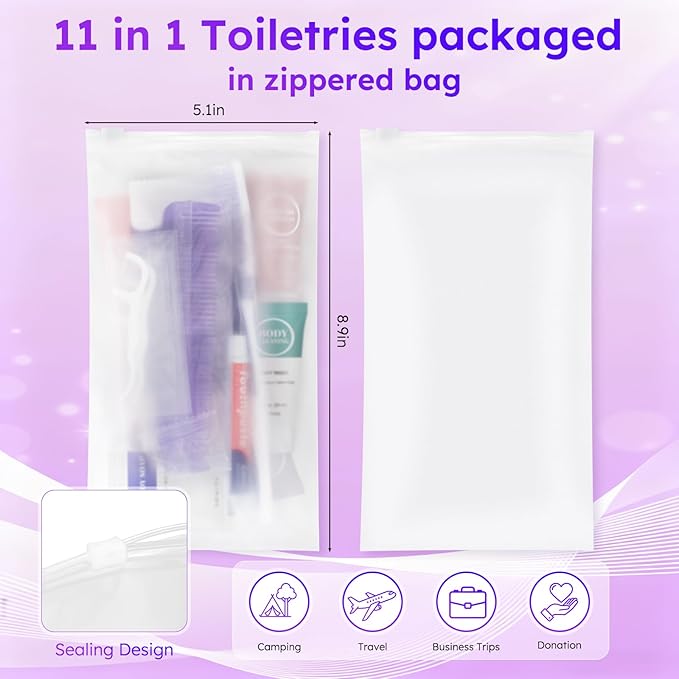 Travel Toiletries Personal Cleaning Bulk,Disposable Hygiene Kit Care Package Supplies, Women Toiletry Essentials Set Individually Wrapped for Camping, Hotel, Vacation, Homeless, Charity (11-in-1, 20)