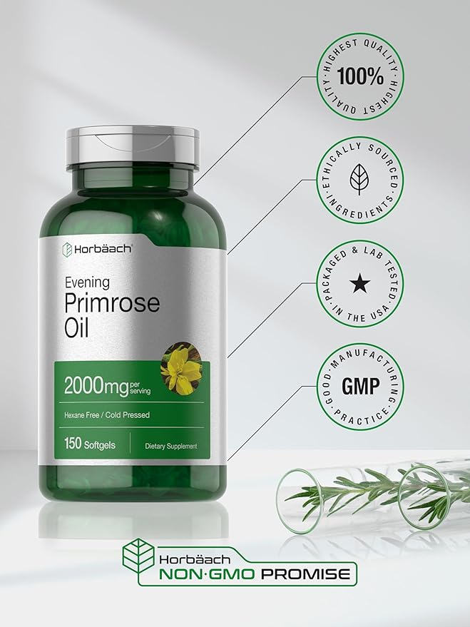 Horbäach Evening Primrose Oil Softgels | 2000 mg | 150 Pills | Cold Pressed, Hexane Free Supplement with GLA | Non-GMO, Gluten Free