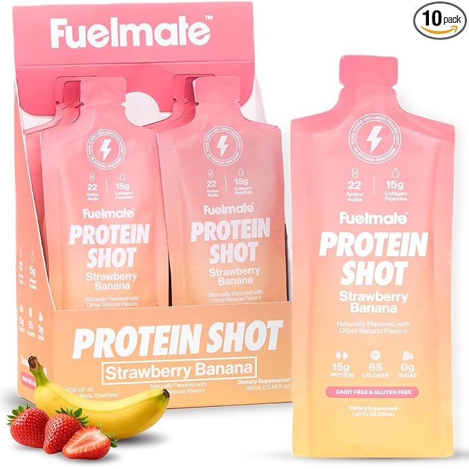 Strawberry Banana Liquid Collagen Easy Protein Shots - 15g Protein + 22 Amino Acids - Hydrolyzed Bovine Collagen Peptides for Skin, Hair & Joints - 10 x 1.29oz - Sugar, Dairy & Gluten Free