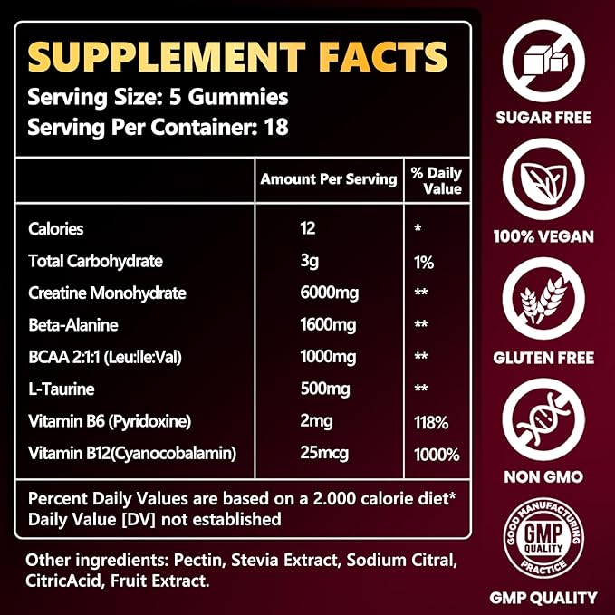 Creatine Monohydrate Gummies 6000mg for Men & Women, Sugar Free Creatine Gummy for Pre & Post Workout, High Absorption Supplement with BCAA, Support Boost Strength, Endurance & Muscle Recovery