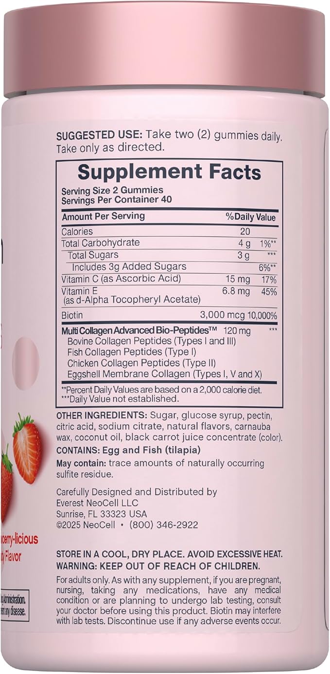 NeoCell Hair Skin and Nails Gummies | 80 Count | with Multi Collagen Advanced Bio-Peptides | Plus Vitamin C and Biotin | for Women and Men
