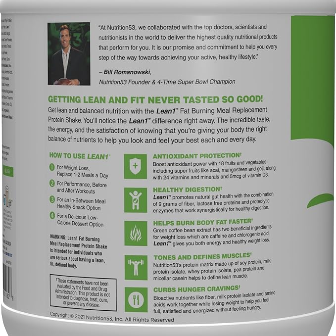 Nutrition 53 Lean 1 Fat Burning Protein Shake, Vanilla Flavor, 15 Serving Tub
