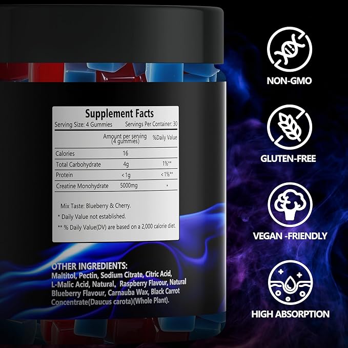 Creatine Monohydrate Gummies 5g (5000mg), Sugar-Free Creatine, Pre-Workout Energy, Veg, Non-GMO, for Men & Women - 90 Count Cherry Flavor