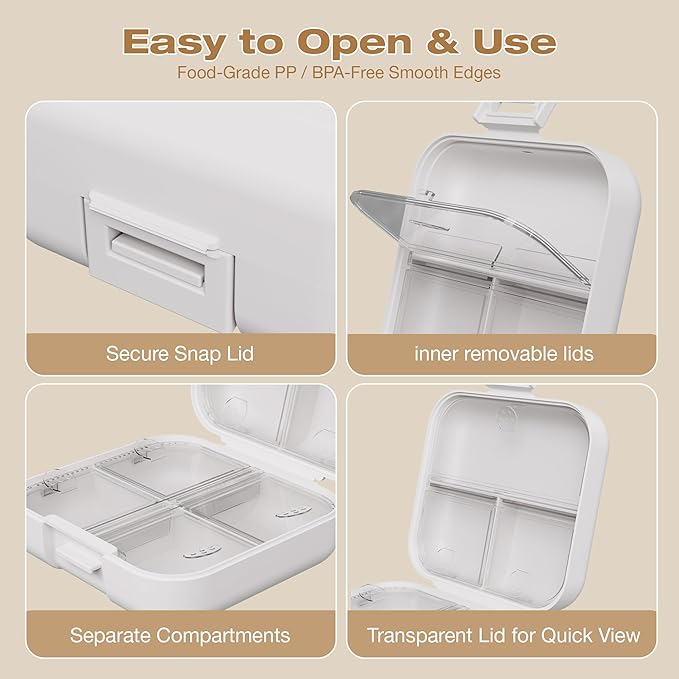 Small Travel Pill Box, Double Layer 7-Compartments Pill Organizer, 3.1" x 3.1" x 1.4" Portable Weekly Pill Case Container for Pocket, 7 Day Compact Medicine Holder for Vitamins, Fish Oils White