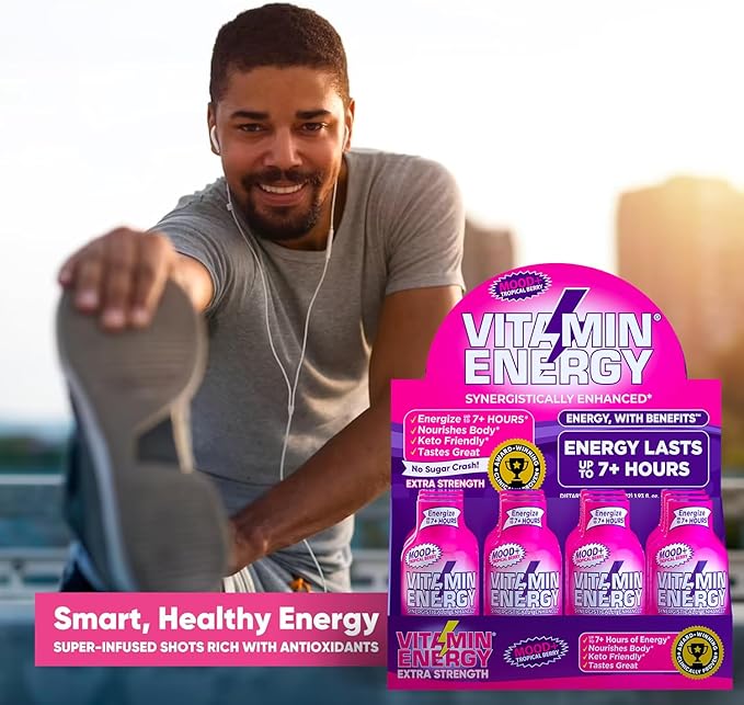 Vitamin Energy Mood+ Extra Strength Energy Shot Tropical Berry 12 Pack, 260mg Natural Caffeine, B-Vitamins, Rhodiola, Chamomile, Mood & Energy Support, Zero Sugar, Gluten-Free, Vegan, 1.93 fl oz