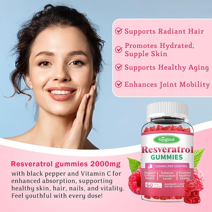 Organic Resveratrol Gummies for Women - Sugar Free Resveratrol-Nutritional-Supplements for Antioxidant Support, Cellular Health, Immunity, Brain & Energy, Raspberry Flavor, 120 Count