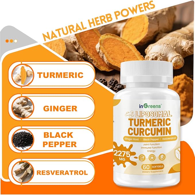 inGreens Turmeric Supplement 2275mg, 95% Curcumin, Liposomal Curcumin for Best Absorption, Curcumin Supplement for Joint Support, Bottled in USA - 240 Softgels