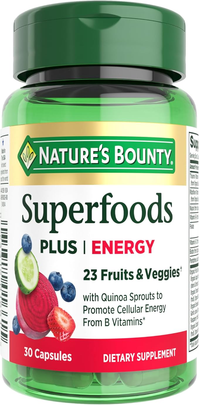 Nature’s Bounty Superfoods Plus Energy to Support Cellular Energy, 23 Fruits & Veggies Supplement, 30 Capsules