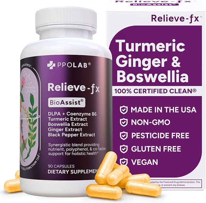 PPO Lab® Relieve-fx™ DLPA Boswellia Turmeric Ginger Supplement for Inflammation Health, Heart, Gut, Cramps, Joint, Stress Relief Factors as Curcumin, Boswellic Acid, Black Pepper Extract, 90 Capsules