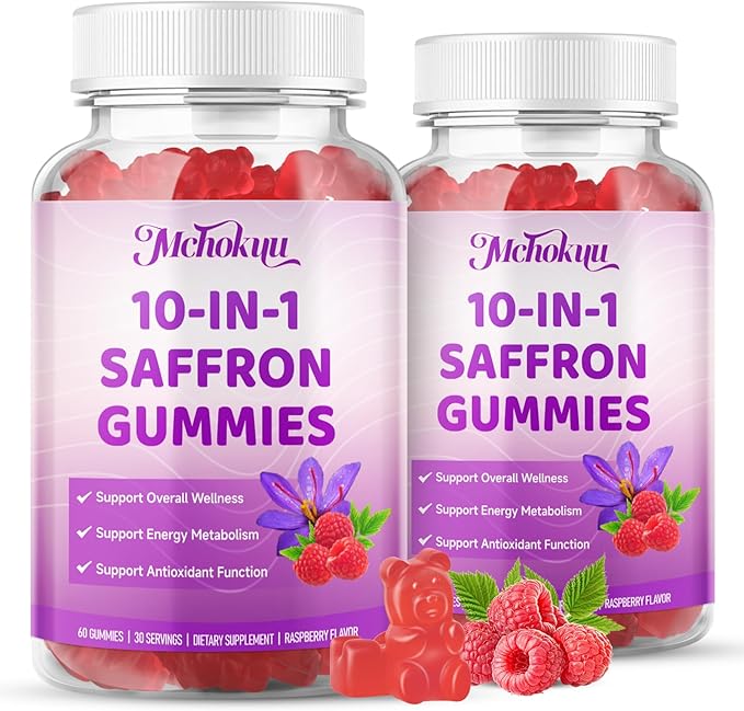 Saffron Supplement Gummies for Kids & Adults Supports Antioxidant Function with Ashwagandha, L-Theanine, Rhodiola Rosea, Lemon Balm, Vitamin D3, B6, Magnesium & Zinc – Raspberry Flavor, 60 Count