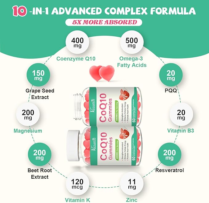 400MG CoQ10 Gummies with Omega-3, Vitamin B3 & Magnesium, Helps Support Hear-t Health, Cellular Energy & Antioxidant, Vegan, Gluten Free, 2 Months Supply