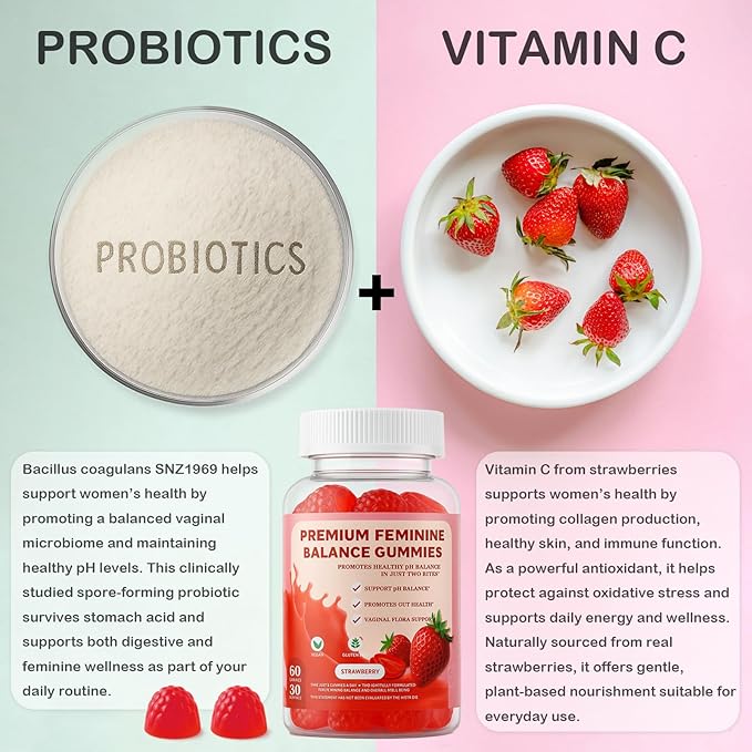 Vaginal Probiotic Feminine Gummies for Women – pH Balance Support & Vitamin C, Strawberry Flavor, Vegan, Sugar-Free, Non-GMO, 60 Gummies (30 Servings)