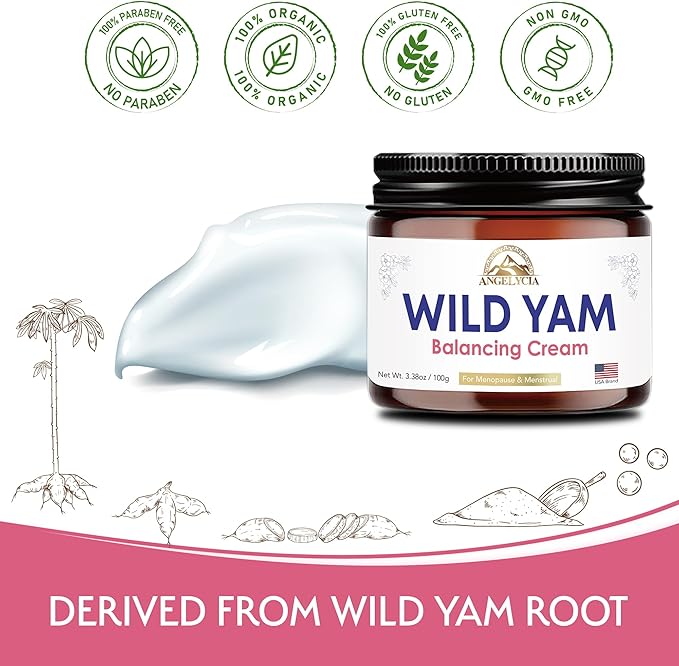 ANGELYCIA Organic Wild Yam Cream for Hormone Balance - Natural Support for Menopause, Perimenopause & PMS Relief - Pure Wild Yam Root Extract Estrogen-Free Balancing Cream for Women - 2 oz