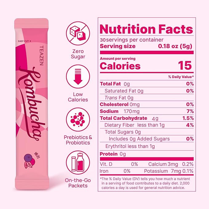 TEAZEN Berry Kombucha Tea, Hydration Drink Mix, Sugar Free, Live Probiotics & Prebiotics, 30 Sticks, 5.29oz