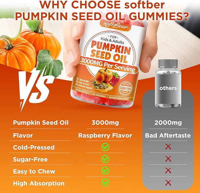softbear Pumpkin Seed Oil Gummies, Organic Pumpkin Seed Oil Supplement with Saw Palmetto for Hair Growth & Skin Health, Cold Pressed/Suagr-Free, Raspberry Flavor 60 Count