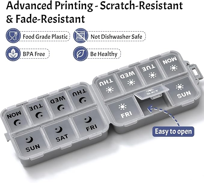 Foldable & Portable Weekly Pill Organizer 2 Times a Day with Clear Printed Labels - 7 Day AM PM Medicine Box, Week Daily Travel Pill Meds Case Holder for Medications, Vitamin, Supplement - Grey