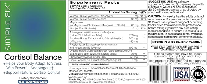 Cortisol Balance Supplement – Supports Stress, Focus & Daily Energy – with Ashwagandha, Rhodiola Rosea, L-Theanine, Magnesium, Zinc & B6 – Adaptogen Formula – Vegan Capsules