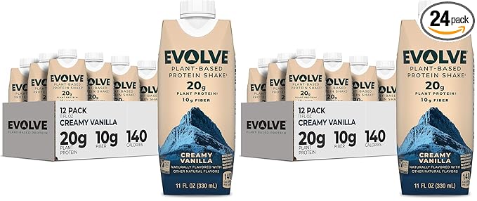 Evolve Plant Based Protein Shake,Vanilla Bean,20g Vegan Protein,Dairy Free,No Artificial Sweeteners,Non-GMO,10g Fiber,11 Fl Oz (Formula May Vary),(Pack of 24)