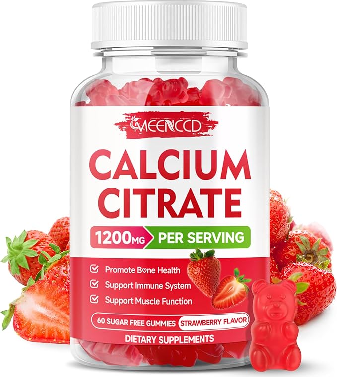 Calcium Citrate Gummies 1200mg - Chewable Calcium Supplement for Women & Men, Supports Bone & Muscle Health, Vegan, Strawberry Flavor, 60 Count
