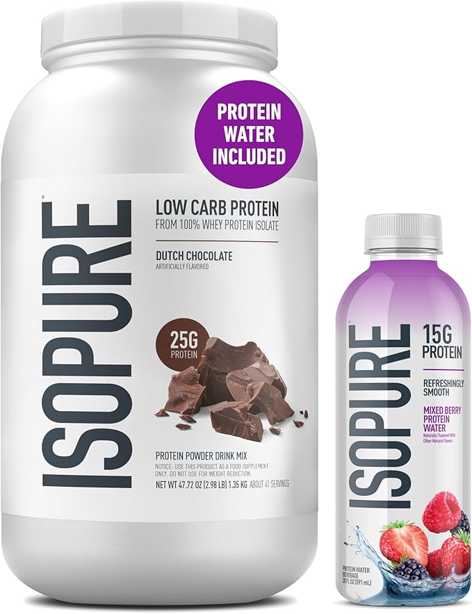 Isopure Low Carb 100% Pure Whey Isolate Dutch Chocolate Protein Powder 3 Lbs + 1 Bottle of Clear Protein Water with Electrolytes, 15g Whey Protein Isolate, Zero Sugar, Mixed Berry, 20 fl oz Bottle