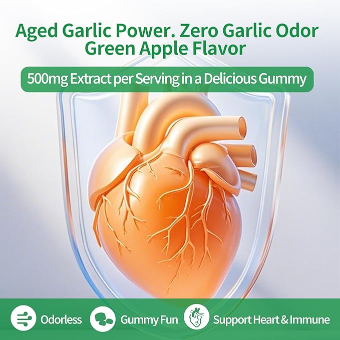 Odorless Aged Garlic Extract Gummies,7500mg Garlic,2 Years Aged Garlic Extract,Grown Allium Sativum Bulb,Potent Antioxidant Supplement,Immune Support,Heart Health,Green Apple Flavor